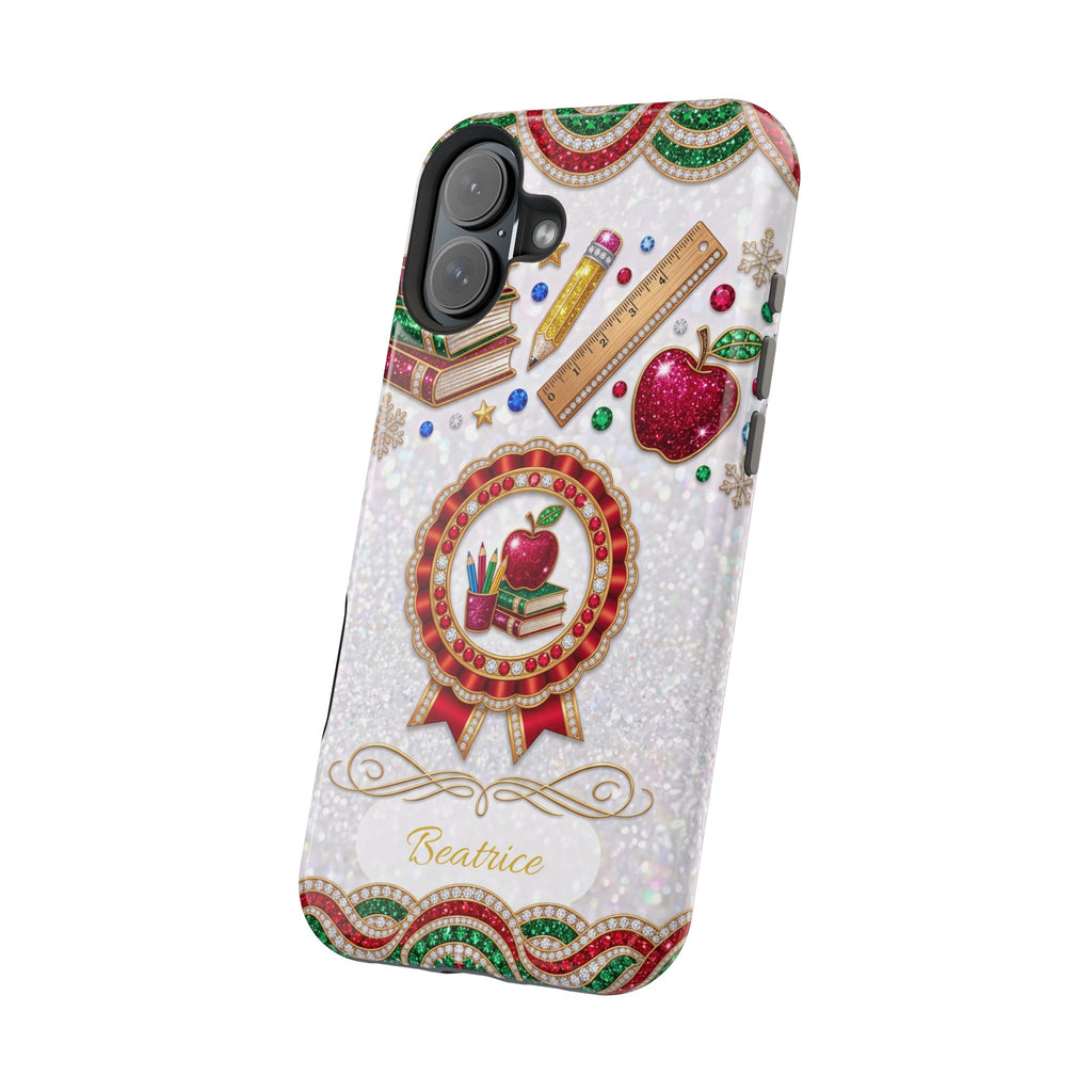 Jeweled Apple Medallion Personalized Teacher Phone Case — Wireless Charging Cover