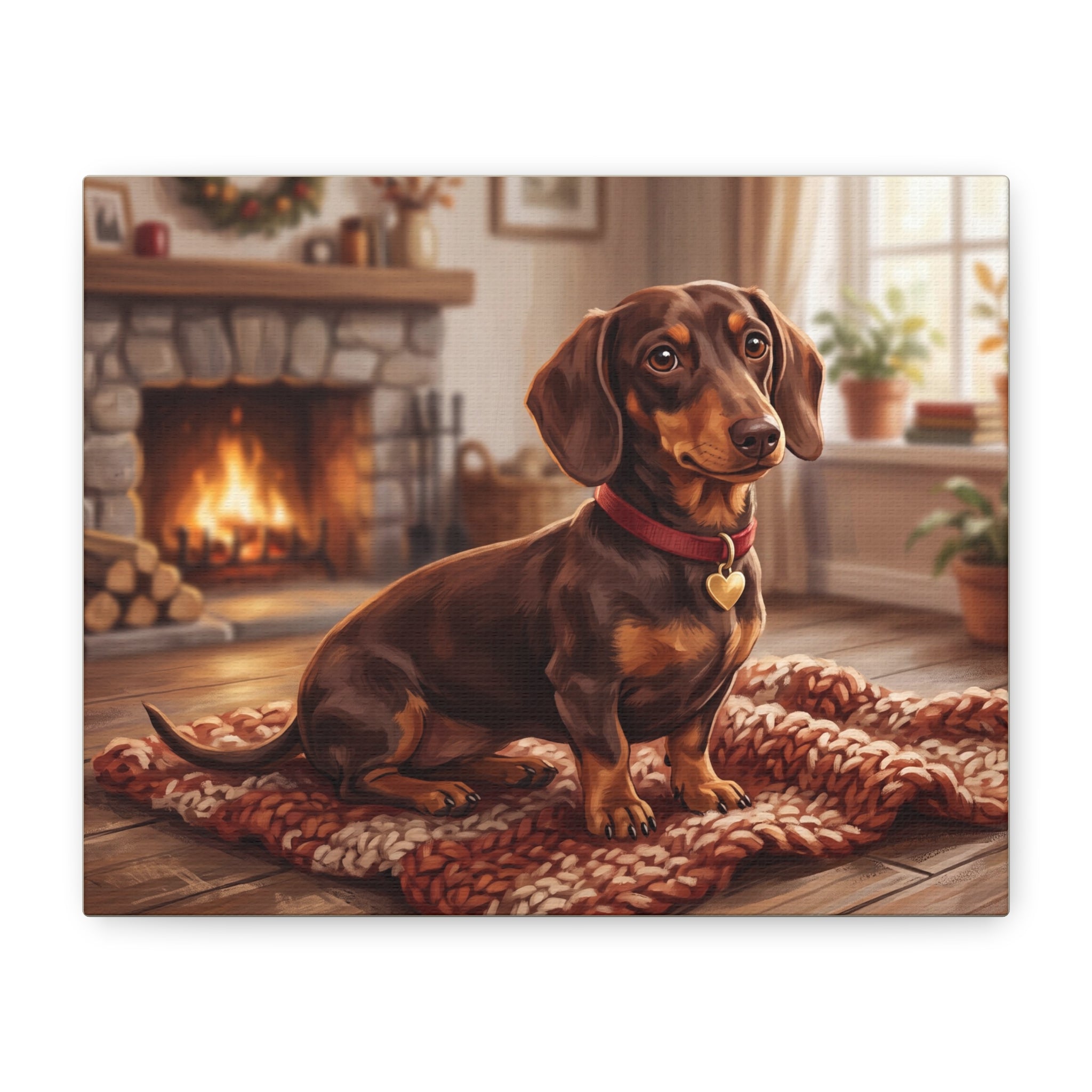 Dachshund Canvas Print | Cozy Fireside Dachshund Wall Art | Dog Lover Home Decor
