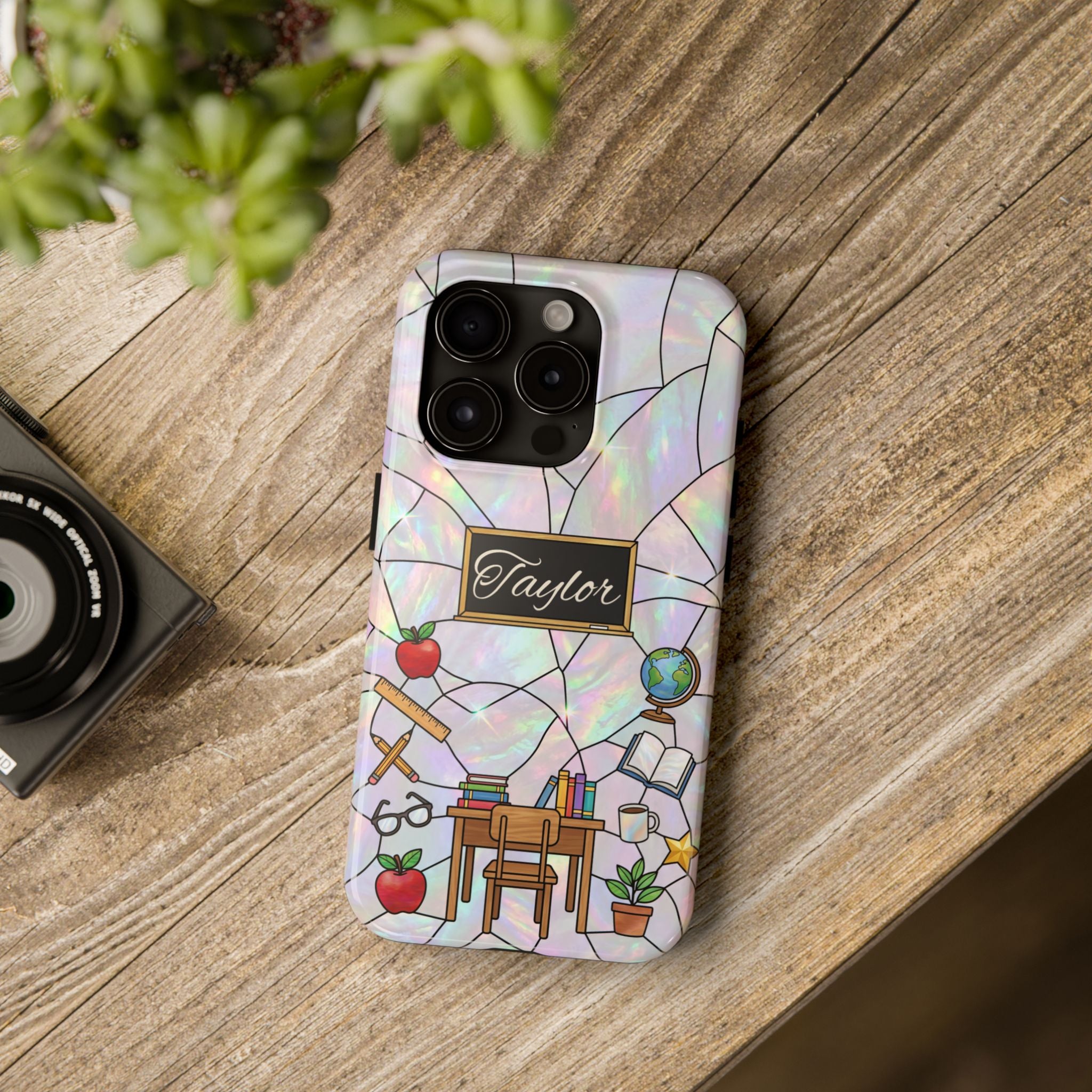Personalized Teacher Phone Case — Custom Name Stained Glass Classroom Design