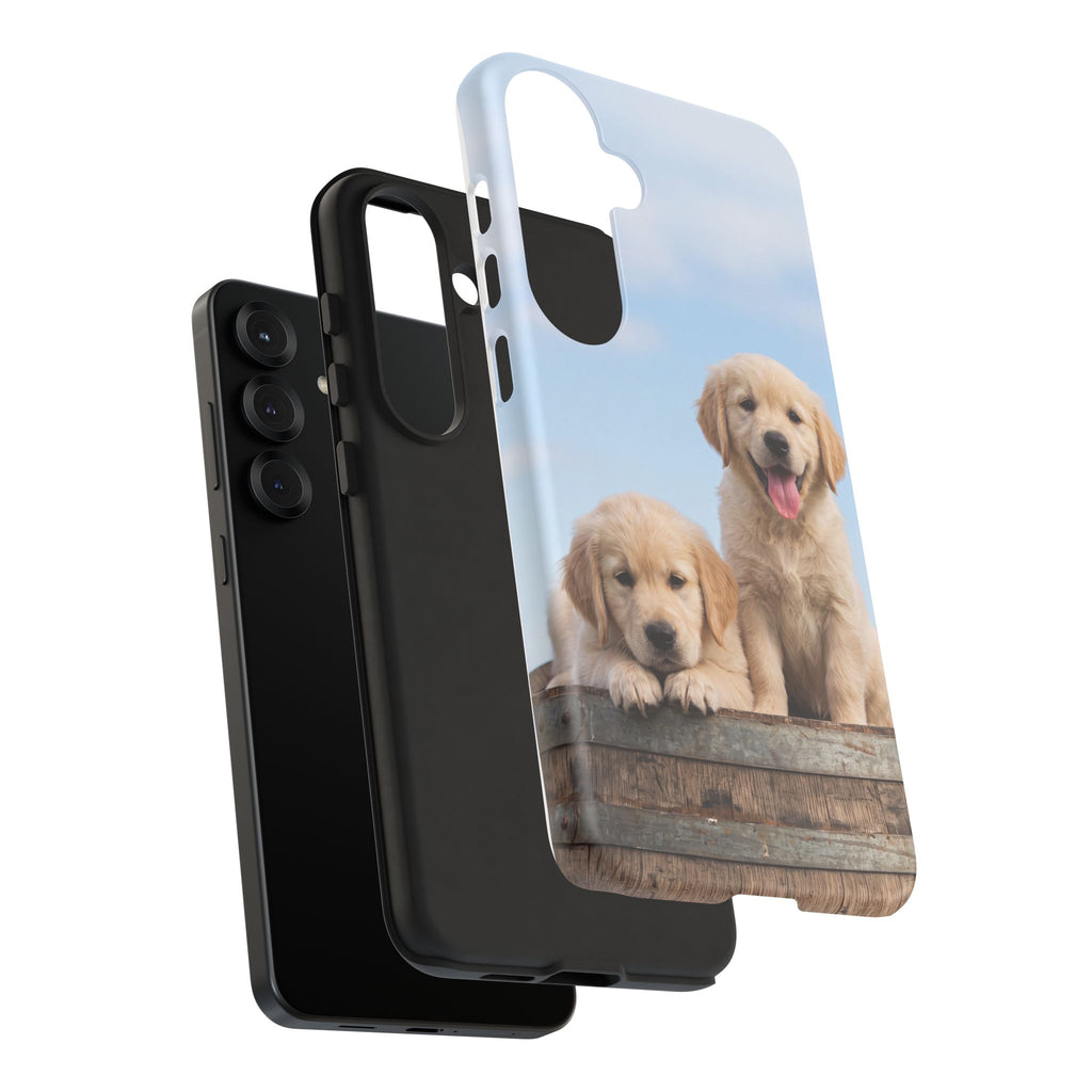 Golden Retriever Puppies on Barrel Phone Case | Cute Duo Under Blue Sky | iPhone & Samsung