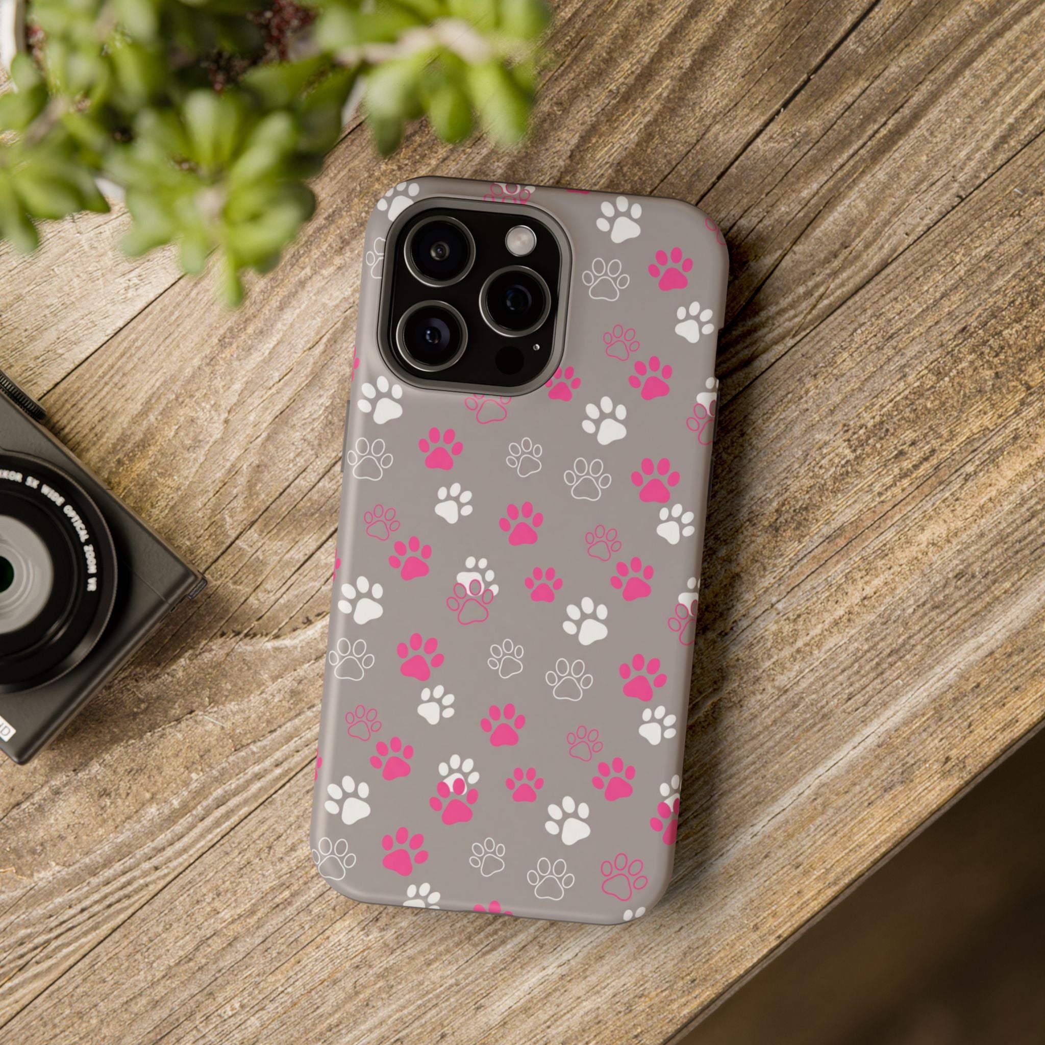 Pink & White Paw Print Phone Case — Impact-Resistant Wireless Charging Cover