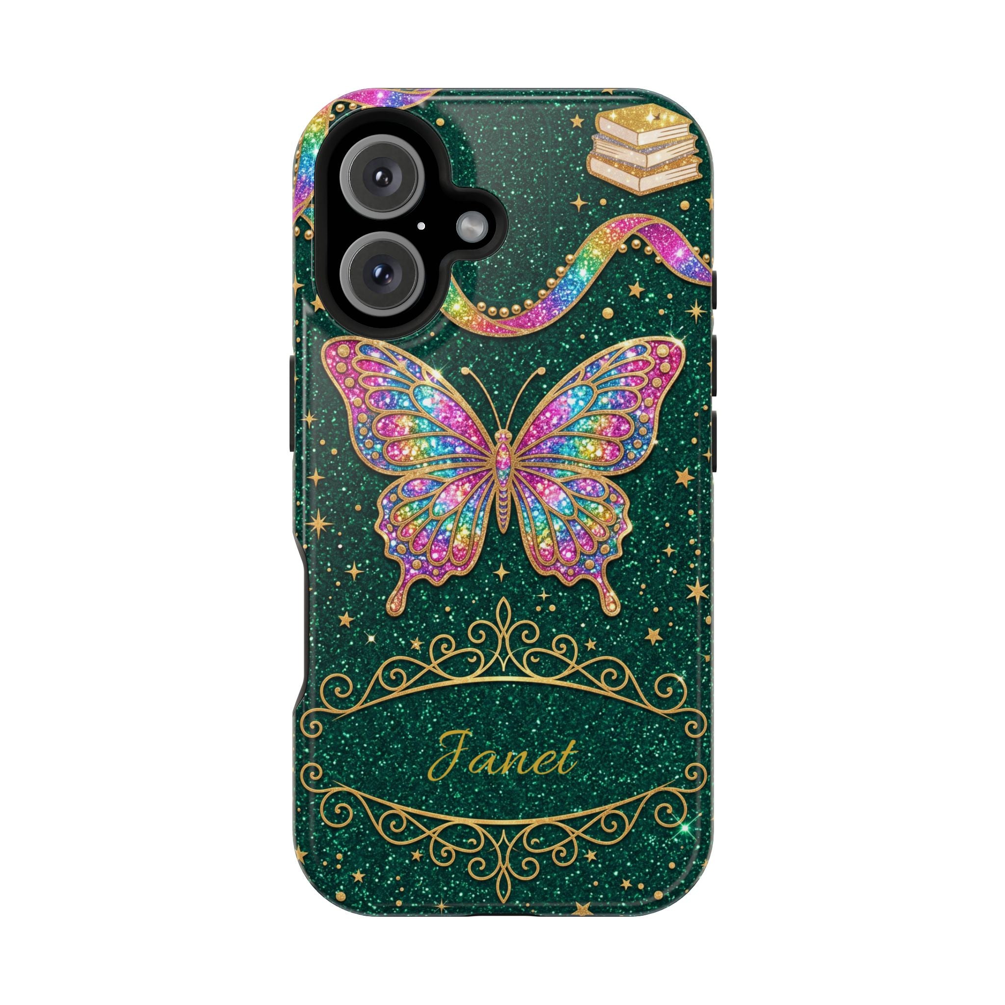 Rainbow Glitter Butterfly Personalized Teacher Phone Case — Wireless Charging Cover