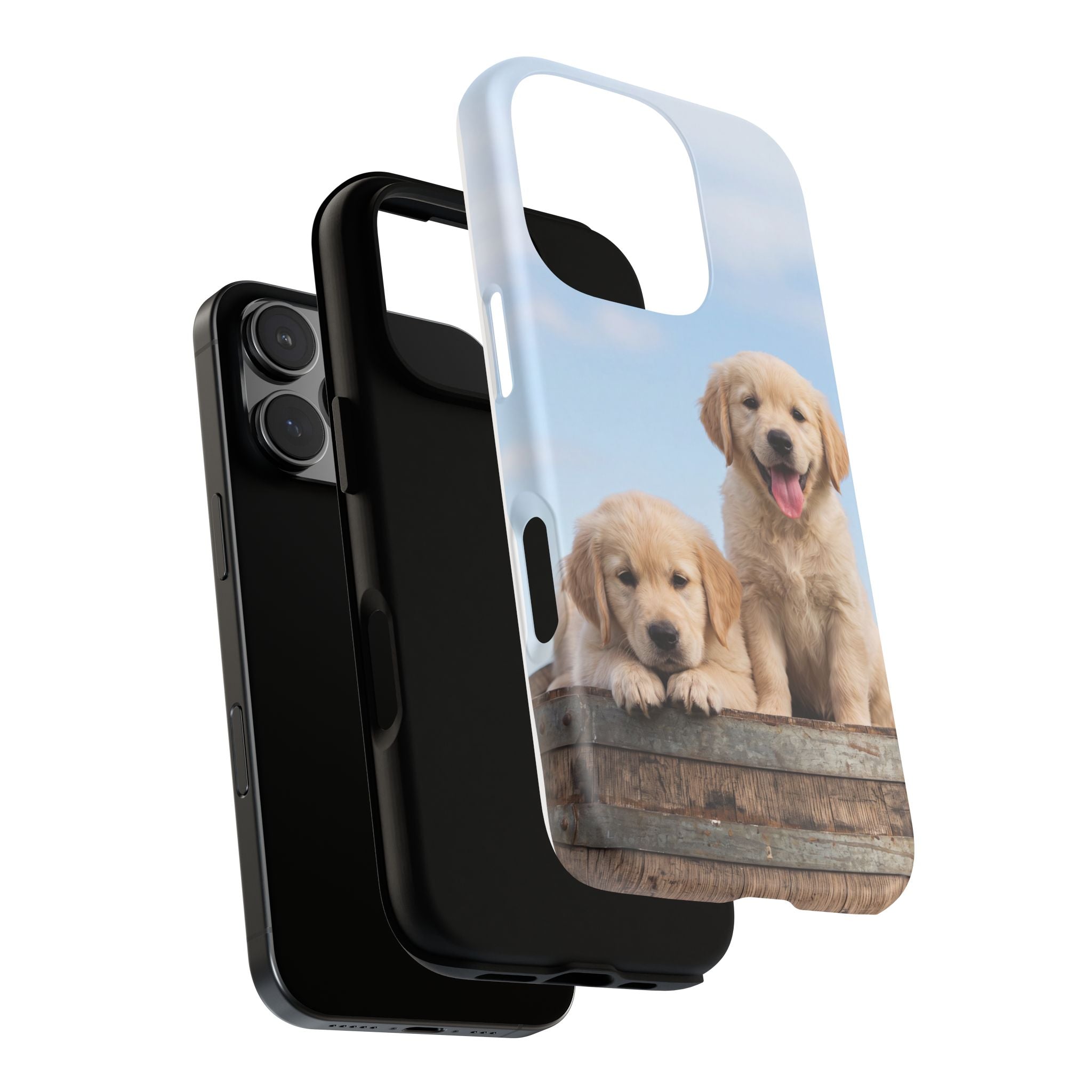 Golden Retriever Puppies on Barrel Phone Case | Cute Duo Under Blue Sky | iPhone & Samsung