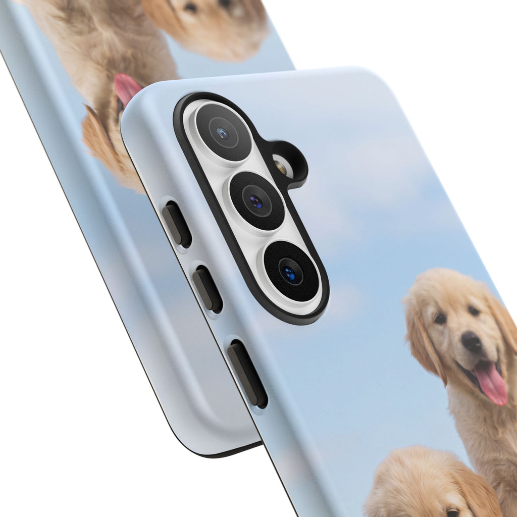 Golden Retriever Puppies on Barrel Phone Case | Cute Duo Under Blue Sky | iPhone & Samsung