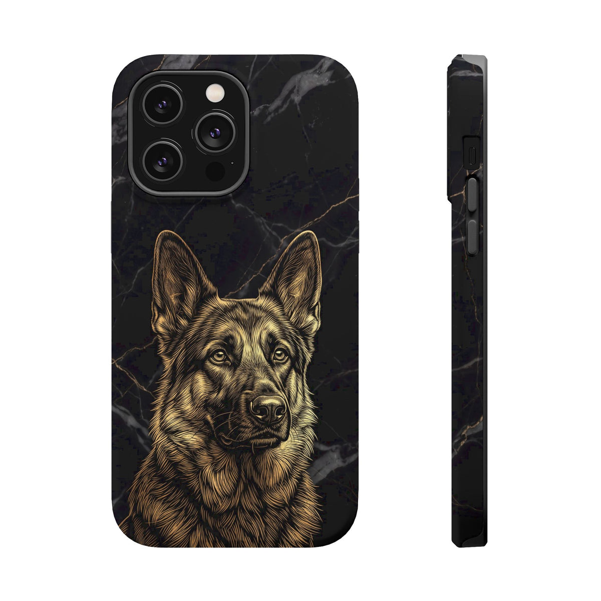 German Shepherd Phone Case | Black Marble Gold Sketch Art — Tough Magnetic Case with Wireless Charging