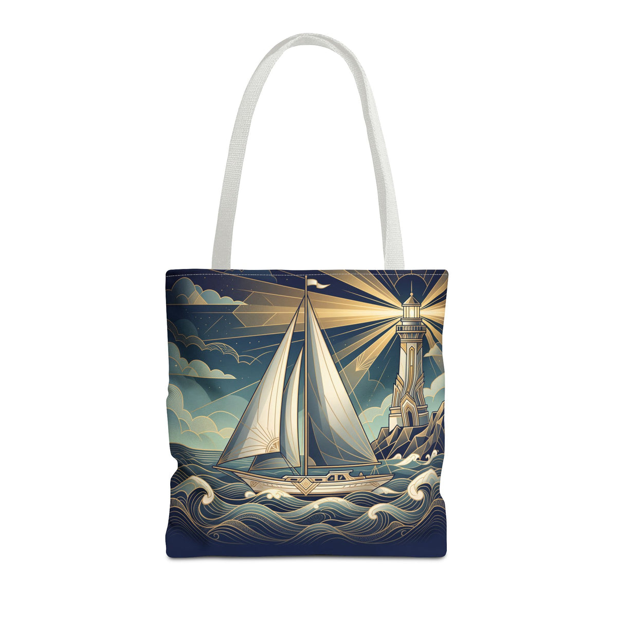 Lighthouse Sailboat Tote Bag – Nautical Art Deco Ocean Waves Beach Bag