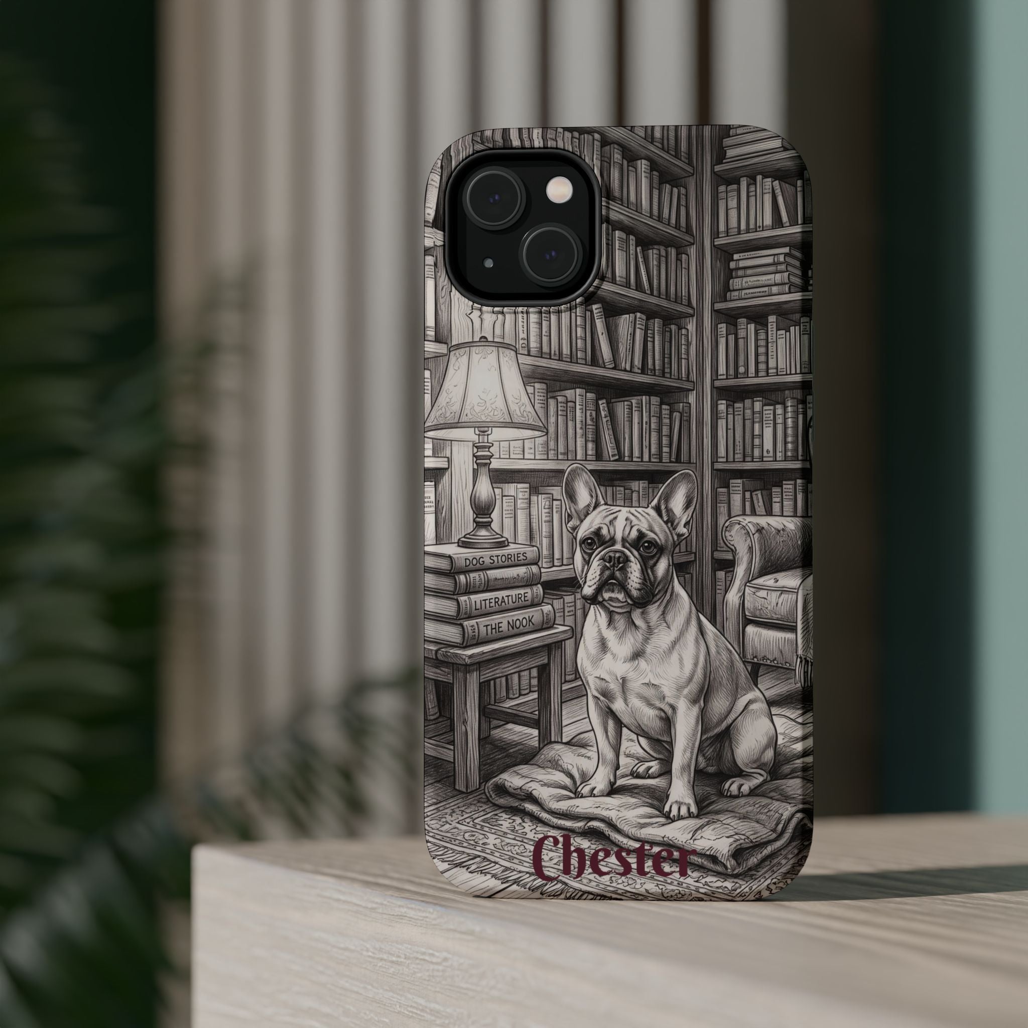 Personalized French Bulldog Library Study Phone Case — Wireless Charging Cover