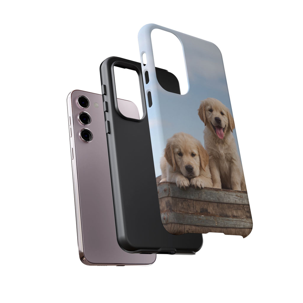 Golden Retriever Puppies on Barrel Phone Case | Cute Duo Under Blue Sky | iPhone & Samsung
