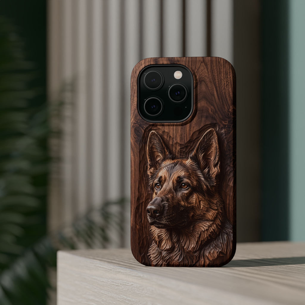 German Shepherd Phone Case | Carved Walnut Art — Tough Magnetic Case with Wireless Charging