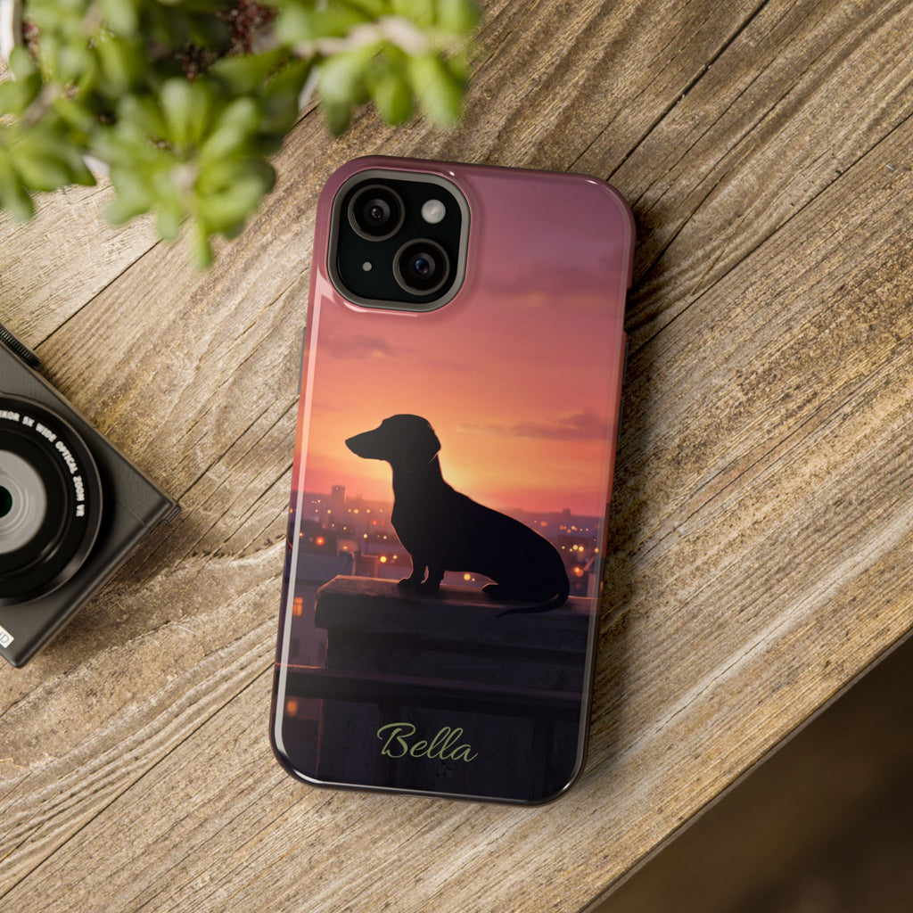 Personalized Dachshund Rooftop Sunset Phone Case — Wireless Charging Cover