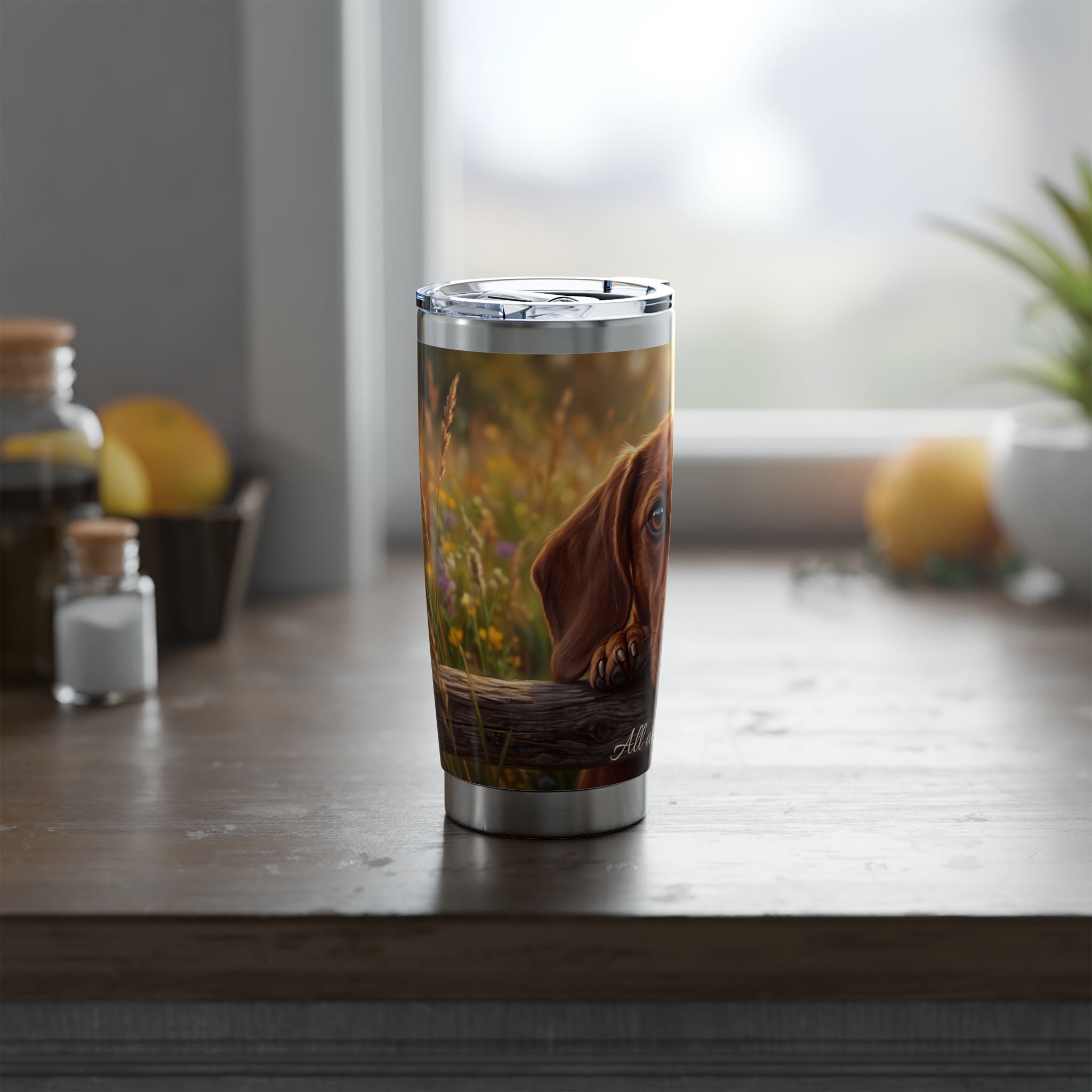 Dachshund Tumbler Personalized – 20 oz Stainless Steel Travel Mug with Custom Name, Golden Meadow Design