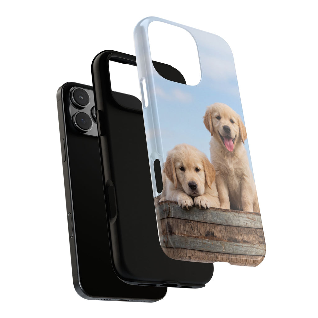 Golden Retriever Puppies on Barrel Phone Case | Cute Duo Under Blue Sky | iPhone & Samsung