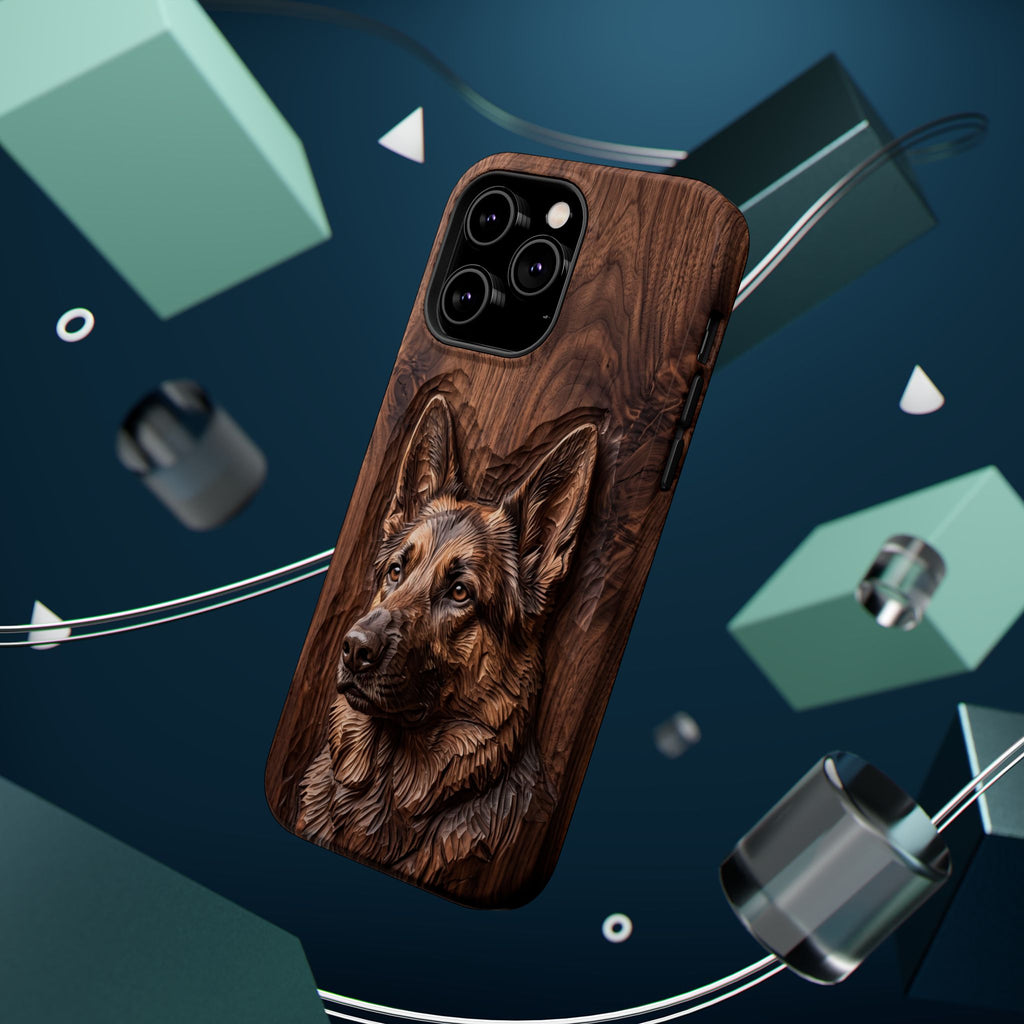 German Shepherd Phone Case | Carved Walnut Art — Tough Magnetic Case with Wireless Charging