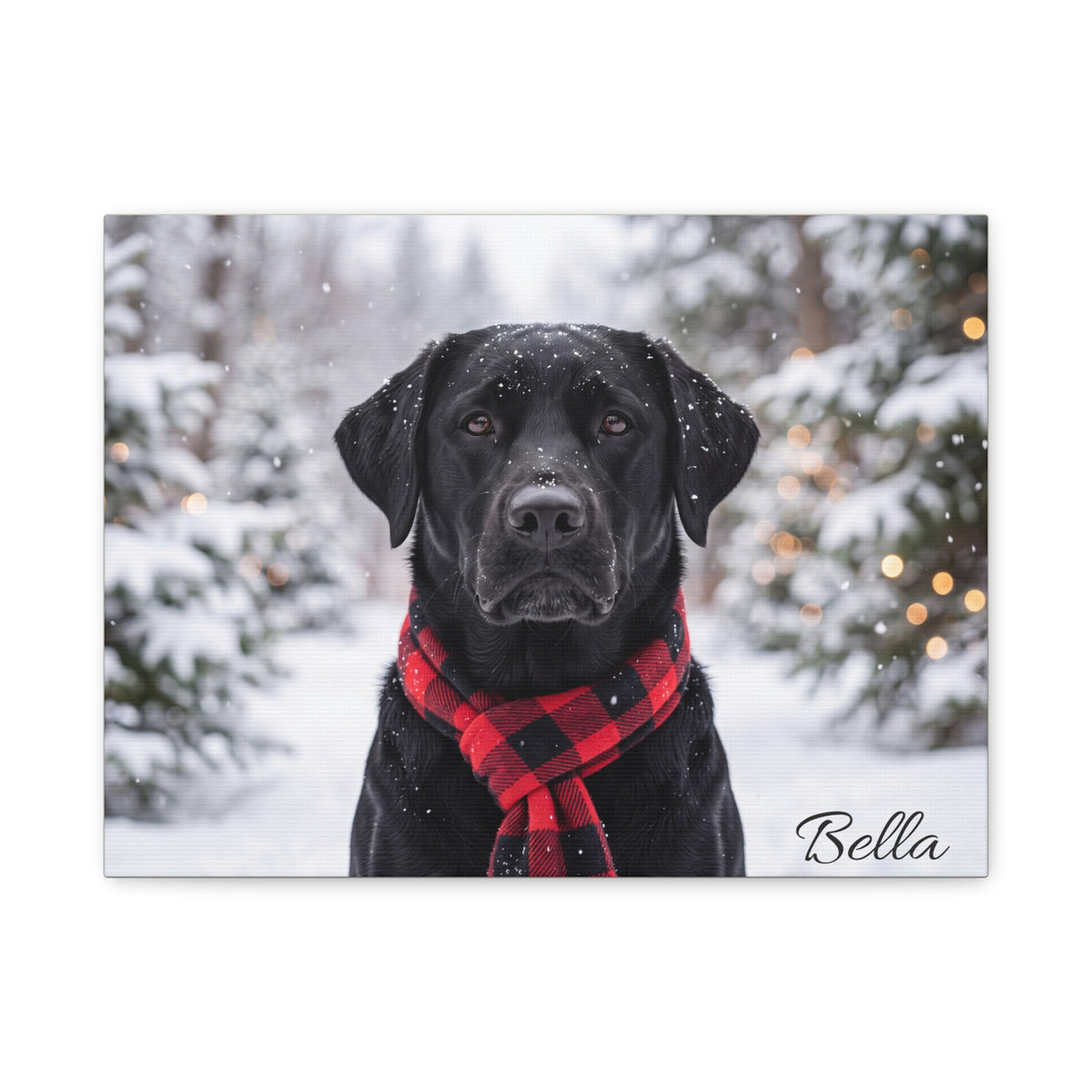 Black Labrador Personalized Canvas | Snowy Christmas Plaid Scarf Wall Art