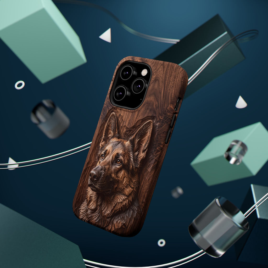 German Shepherd Phone Case | Carved Walnut Art — Tough Magnetic Case with Wireless Charging
