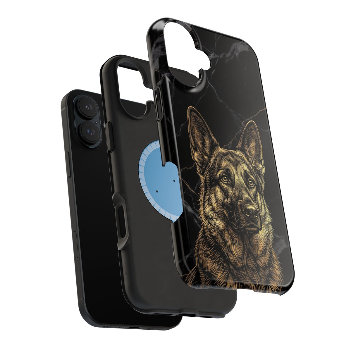 German Shepherd Phone Case | Black Marble Gold Sketch Art — Tough Magnetic Case with Wireless Charging
