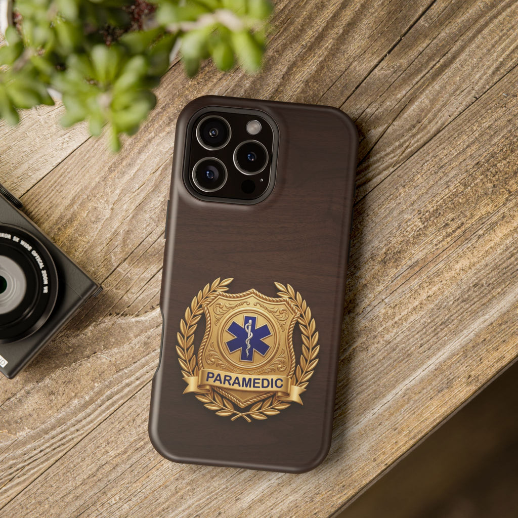 Gold Paramedic Laurel Badge Wood Phone Case — Magnetic Wireless Charging Cover