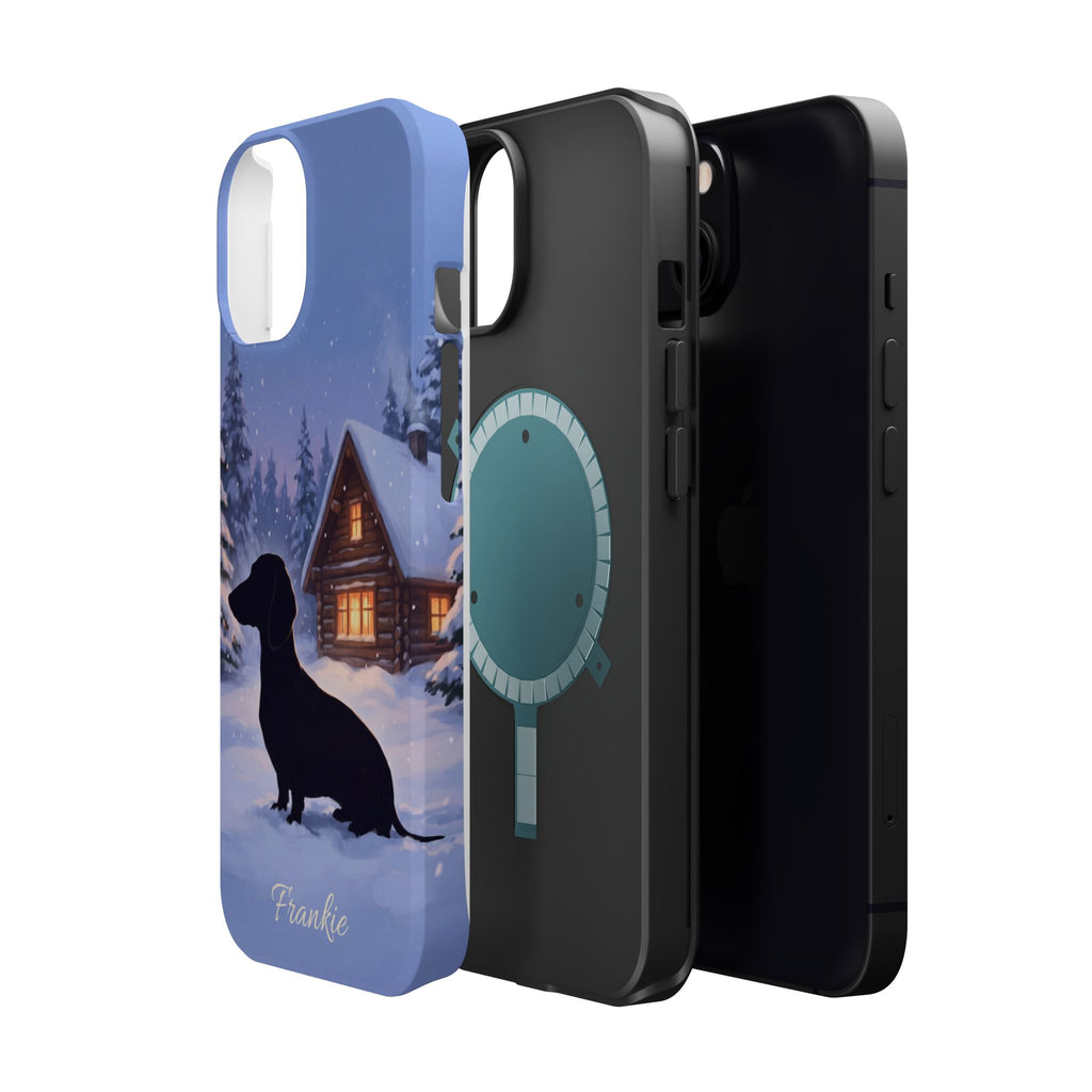 Personalized Dachshund Winter Cabin Phone Case — Wireless Charging Cover