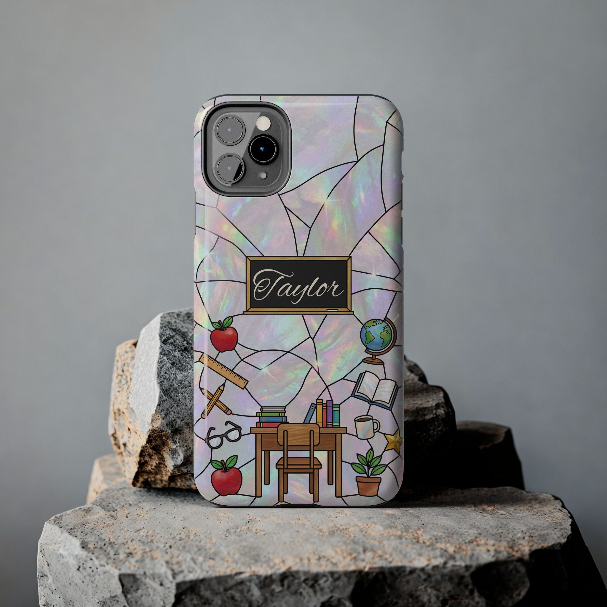Personalized Teacher Phone Case — Custom Name Stained Glass Classroom Design