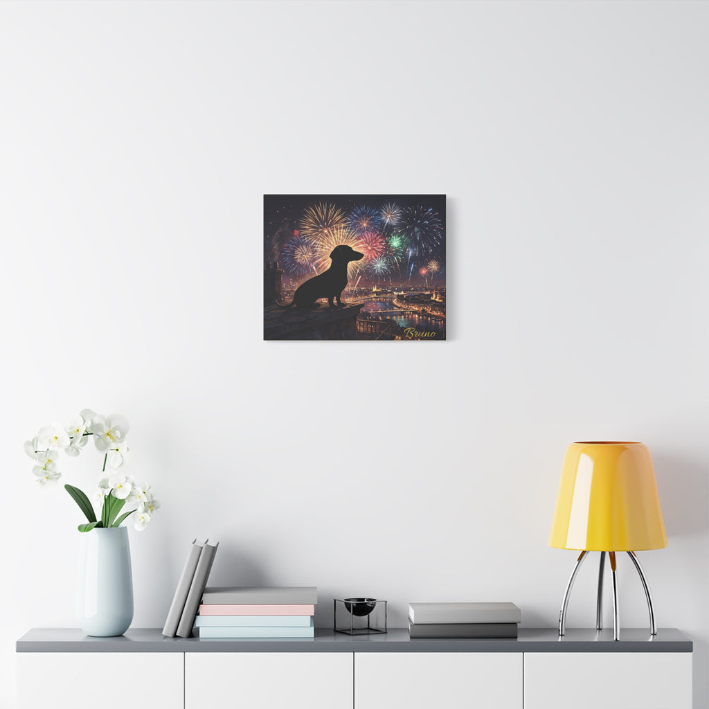 Personalized Dachshund Canvas — City Fireworks Scene