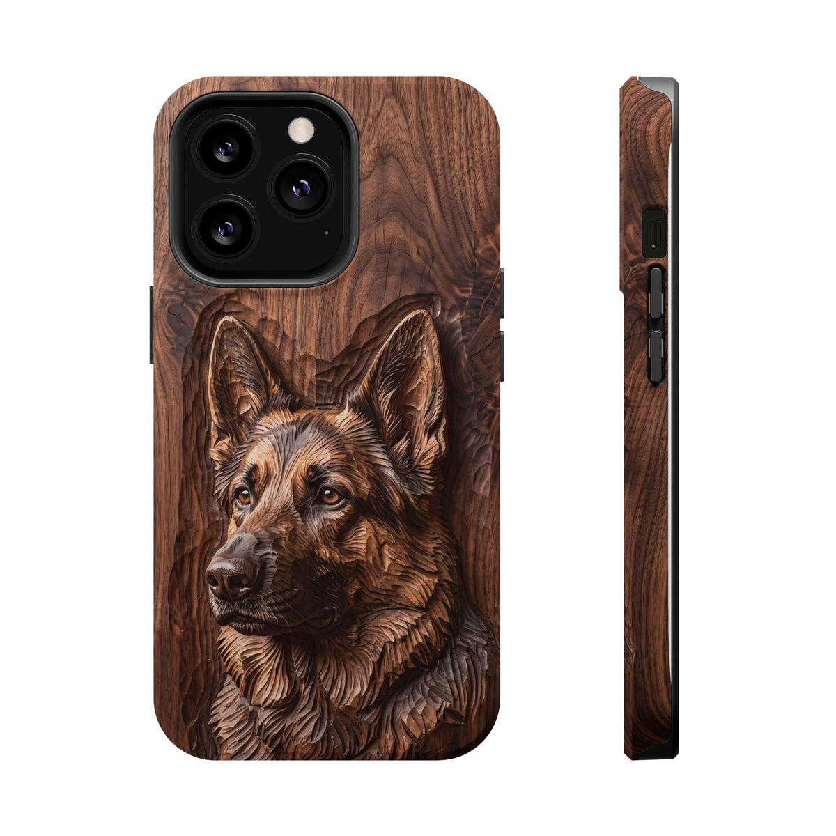 German Shepherd Phone Case | Carved Walnut Art — Tough Magnetic Case with Wireless Charging