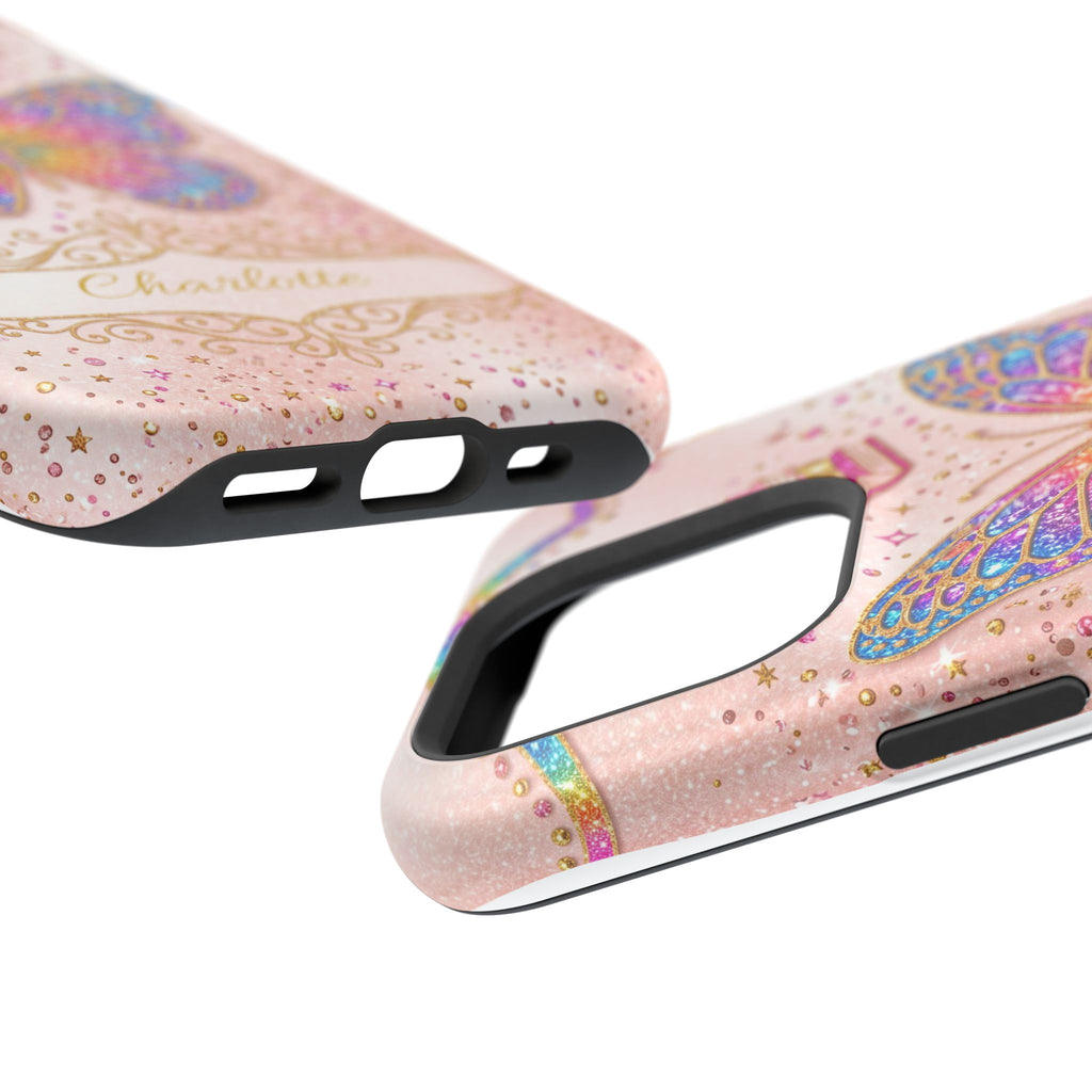 Blush Glitter Butterfly Personalized Teacher Phone Case — Wireless Charging Cover