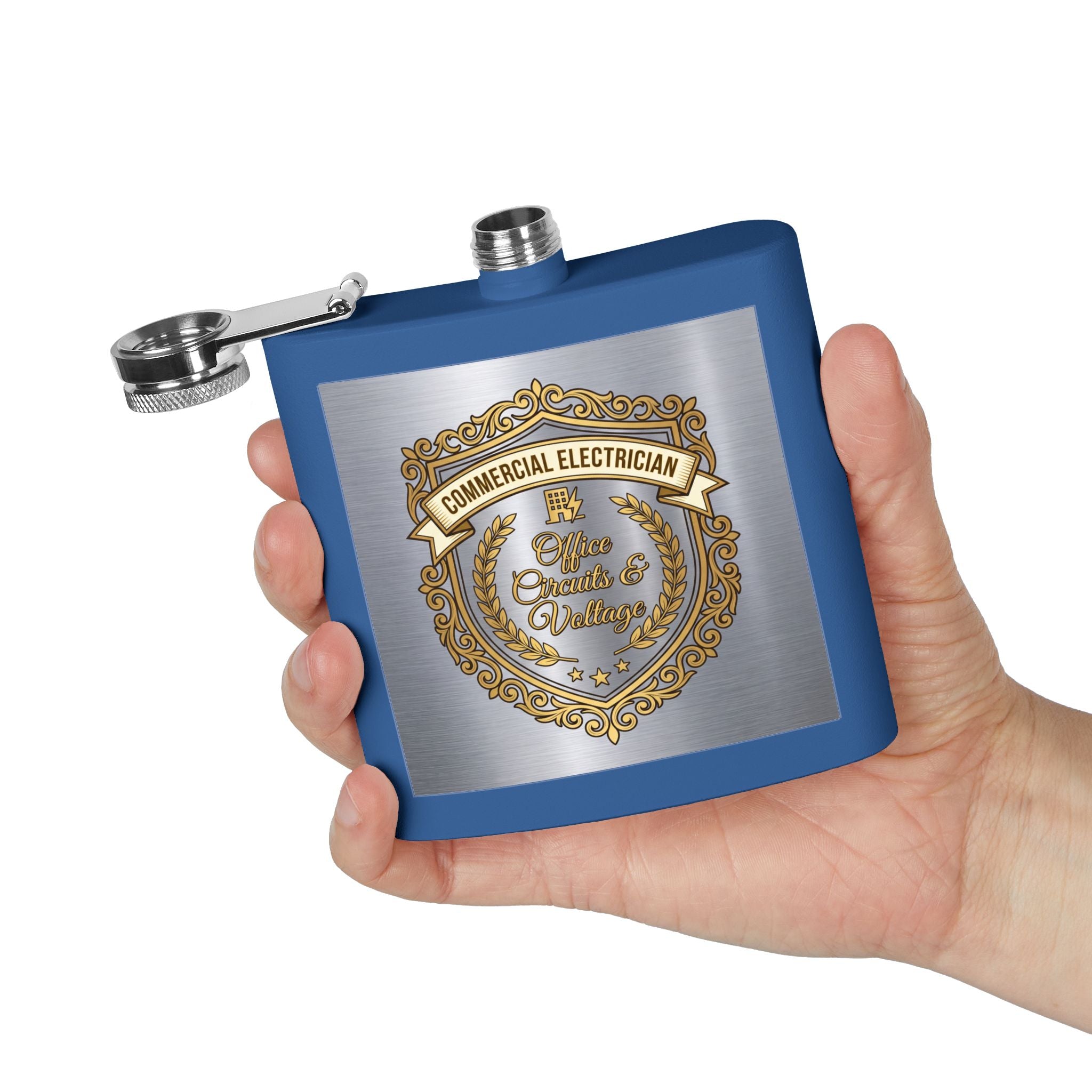 Flask — "Commercial Electrician: Office Circuits & Voltage" (Shield Badge) 6oz Stainless Steel Hip Flask