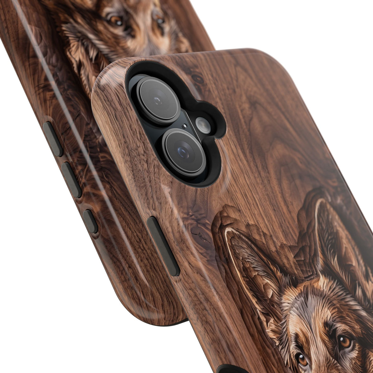 German Shepherd Phone Case | Carved Walnut Art — Tough Magnetic Case with Wireless Charging
