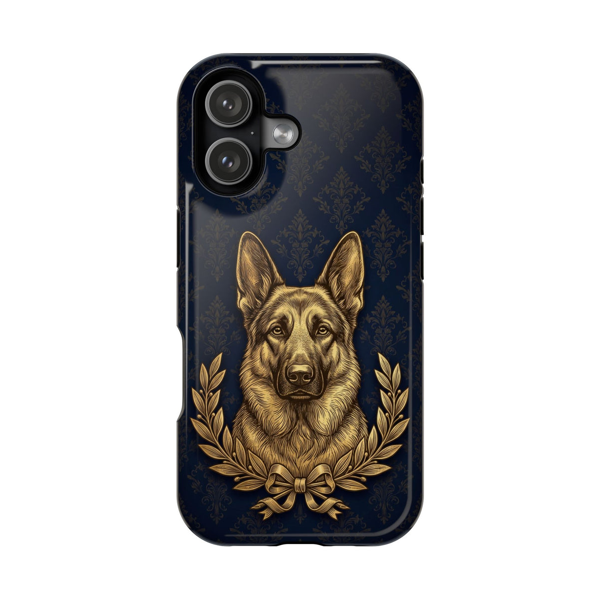 German Shepherd Phone Case | Navy Gold Laurel Art — Tough Magnetic Case with Wireless Charging