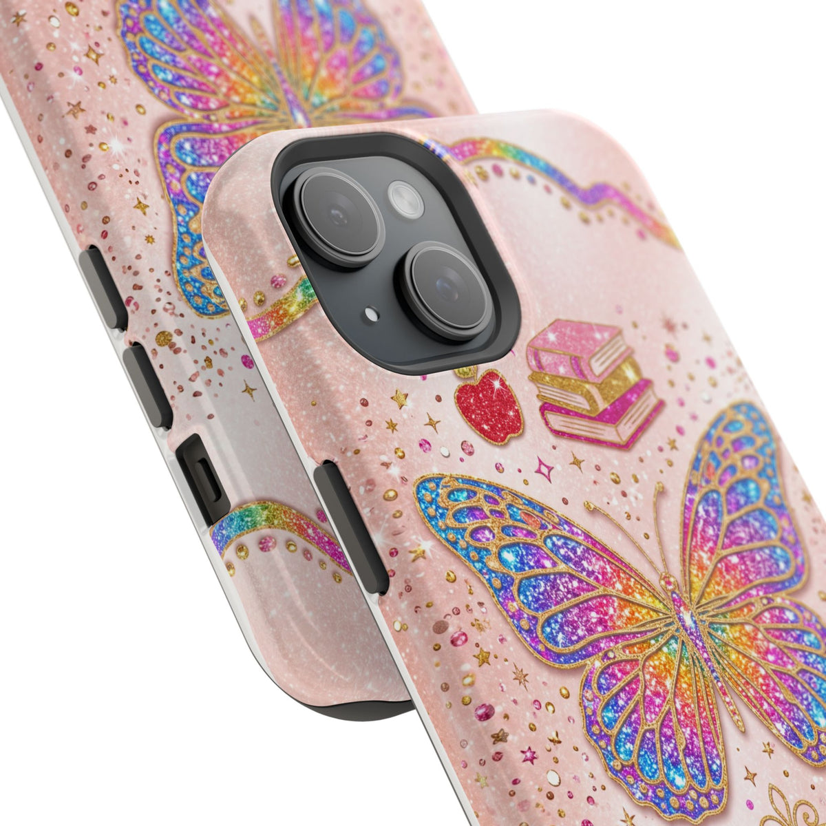 Blush Glitter Butterfly Personalized Teacher Phone Case — Wireless Charging Cover