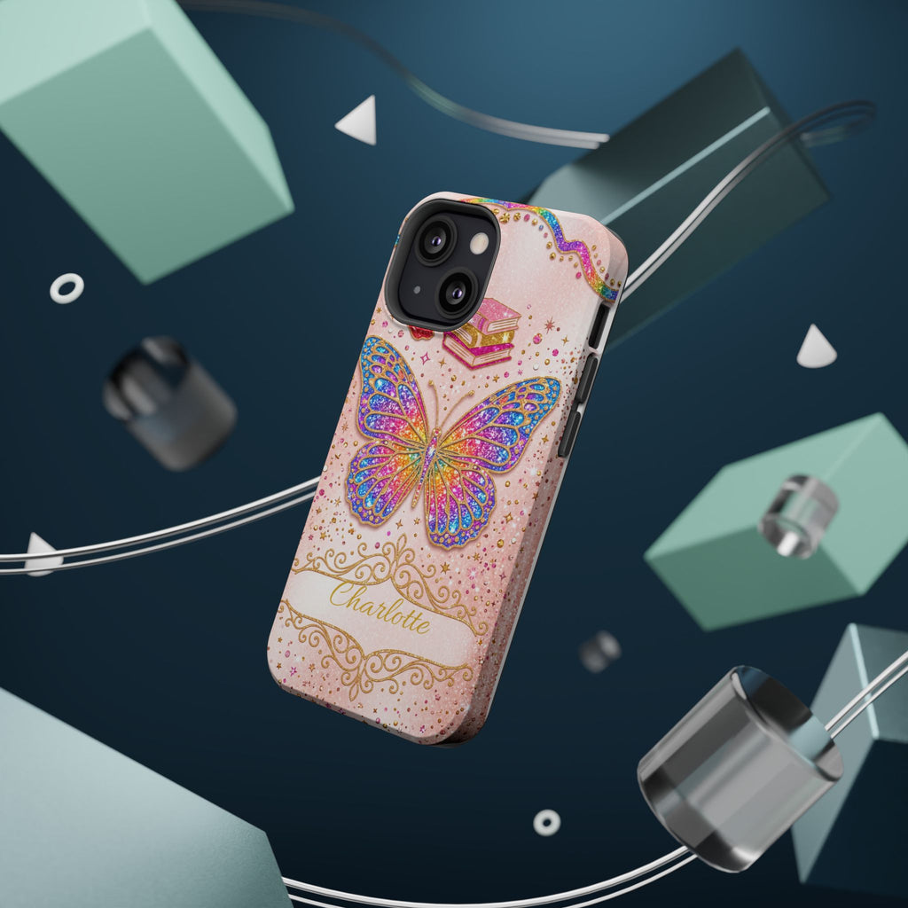 Blush Glitter Butterfly Personalized Teacher Phone Case — Wireless Charging Cover