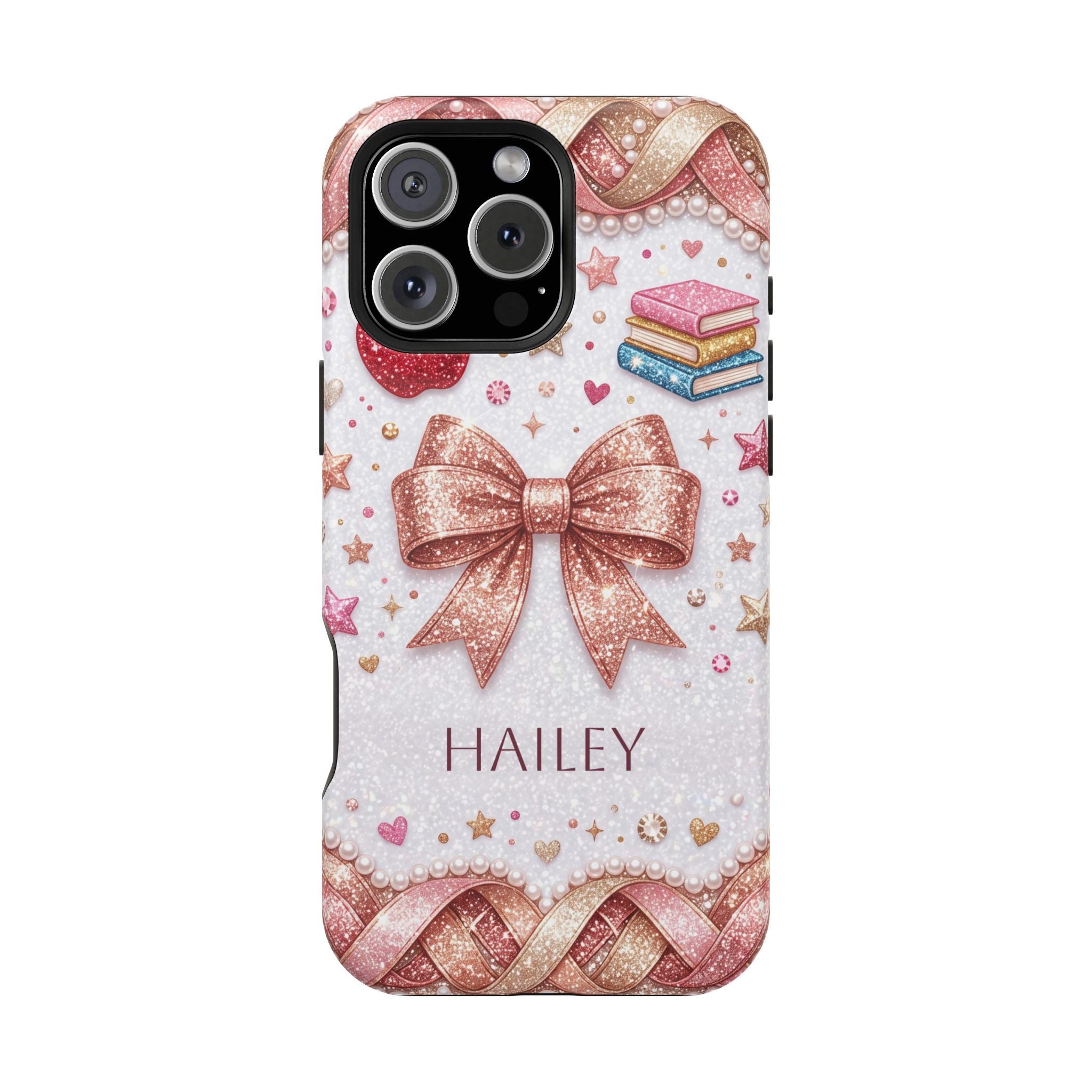 Rose Gold Glitter Bow Personalized Teacher Phone Case — Wireless Charging Cover