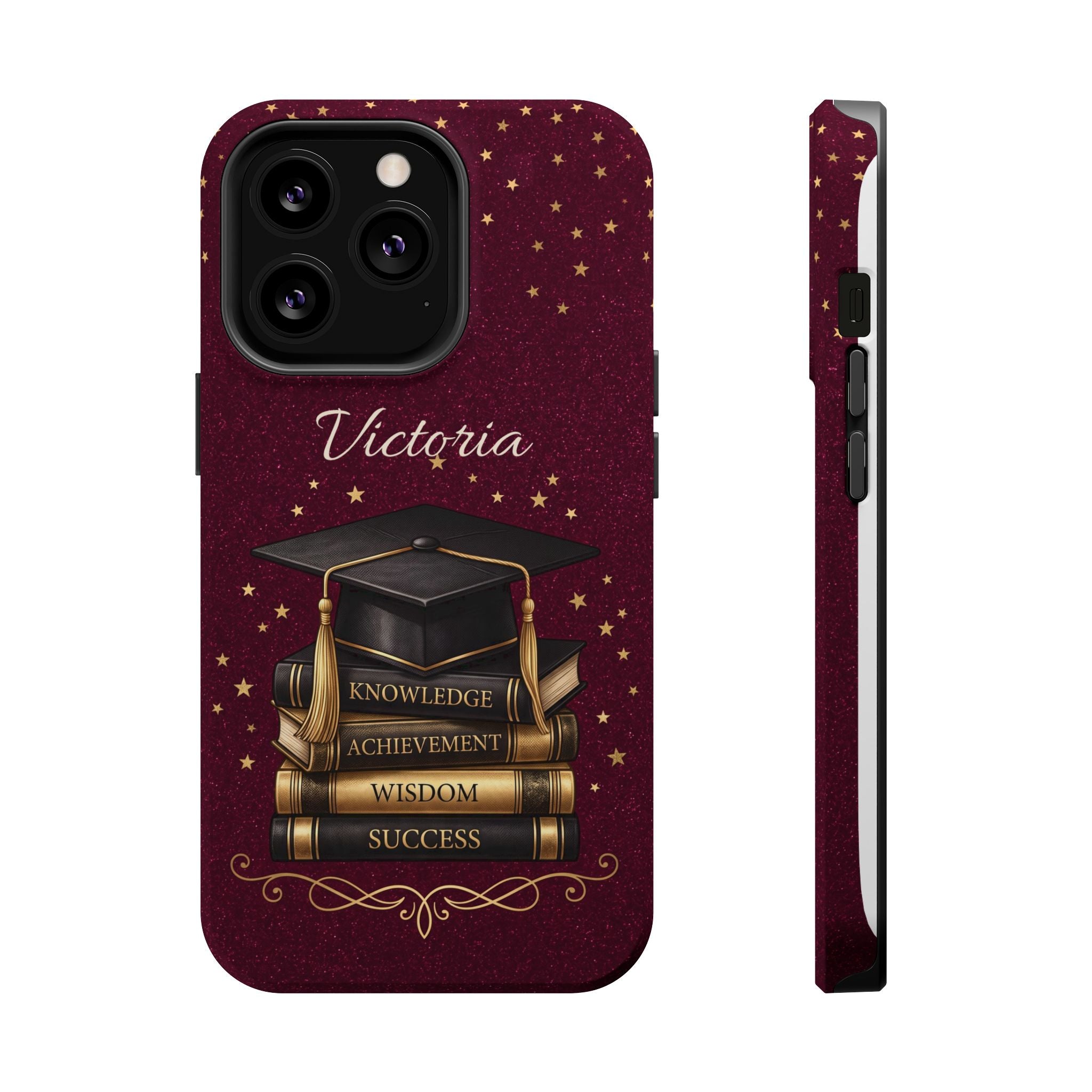 Graduation Cap & Books Personalized Teacher Phone Case — Wireless Charging Cover