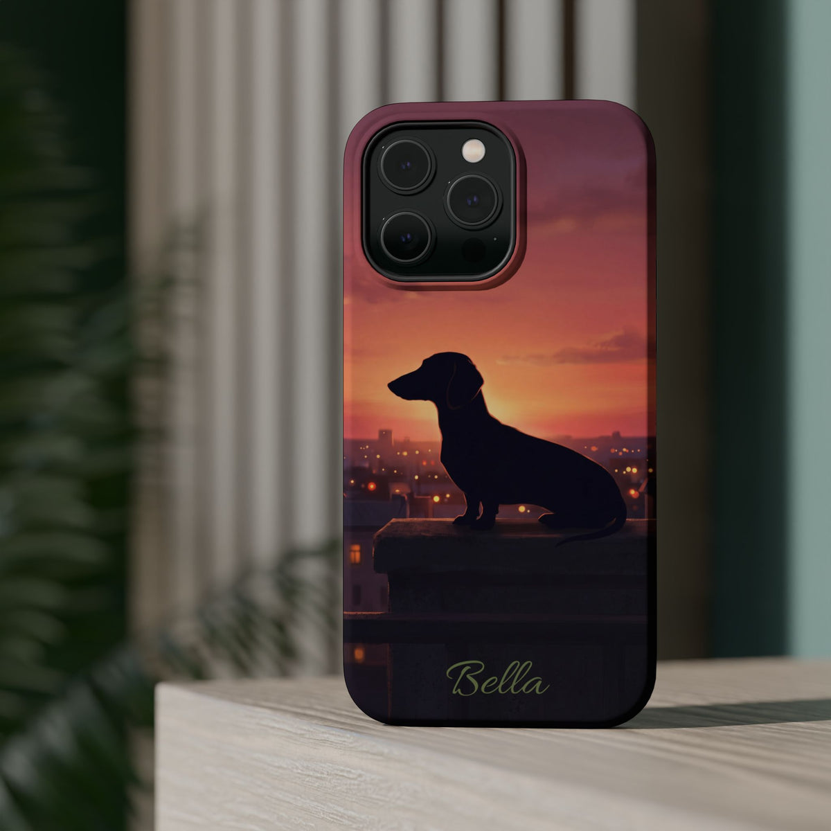 Personalized Dachshund Rooftop Sunset Phone Case — Wireless Charging Cover
