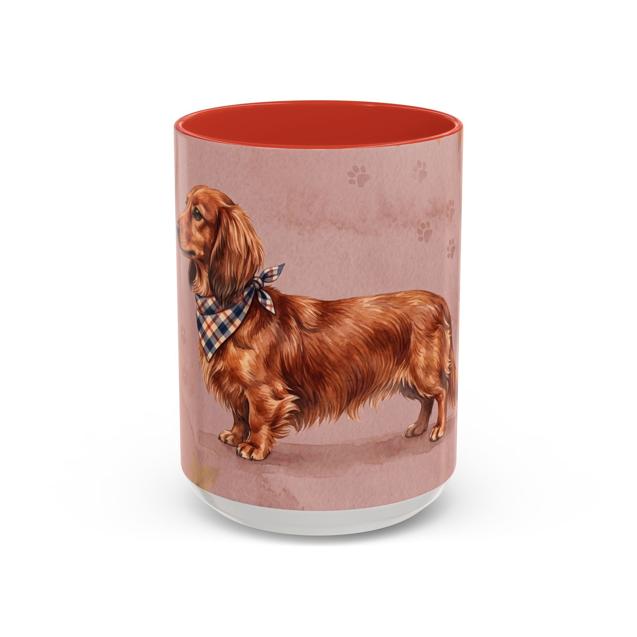 Dachshund Lover Mug | Long-Haired Wiener Dog with Plaid Bandana, Dusty Rose Watercolor Dog Gift