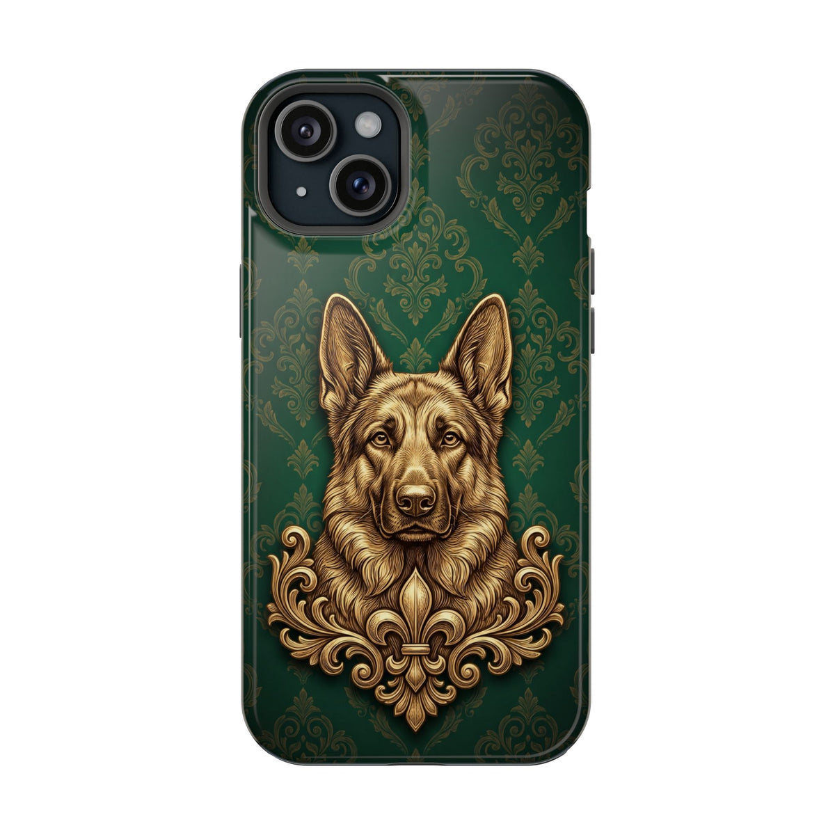 German Shepherd Phone Case | Emerald Baroque Gold Art — Tough Magnetic Case with Wireless Charging