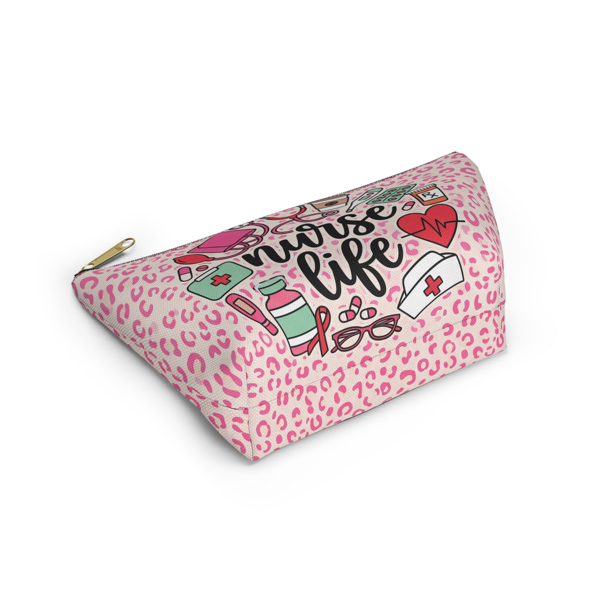 Nurse Life Pink Leopard Accessory Pouch — T-Bottom Zipper Bag