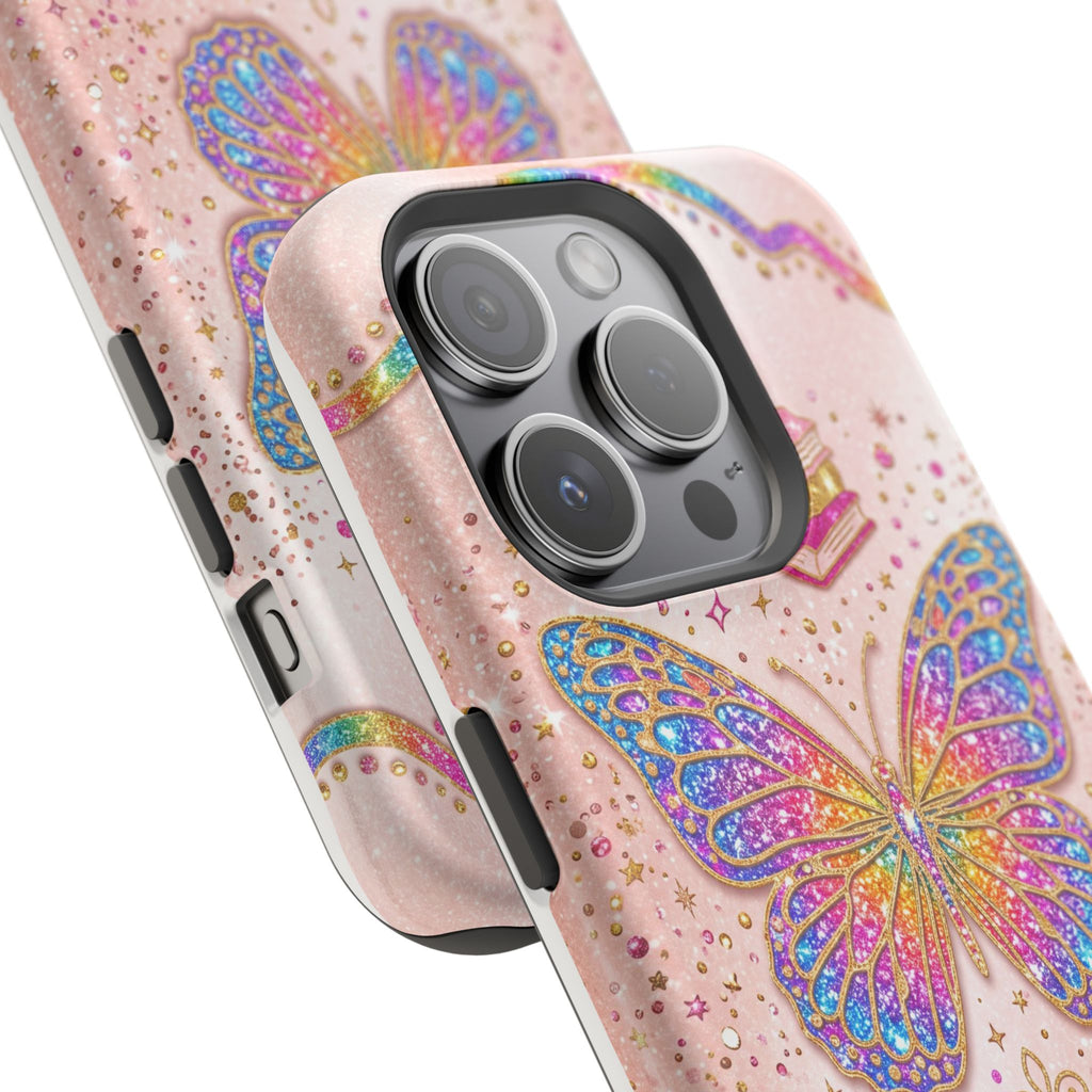 Blush Glitter Butterfly Personalized Teacher Phone Case — Wireless Charging Cover
