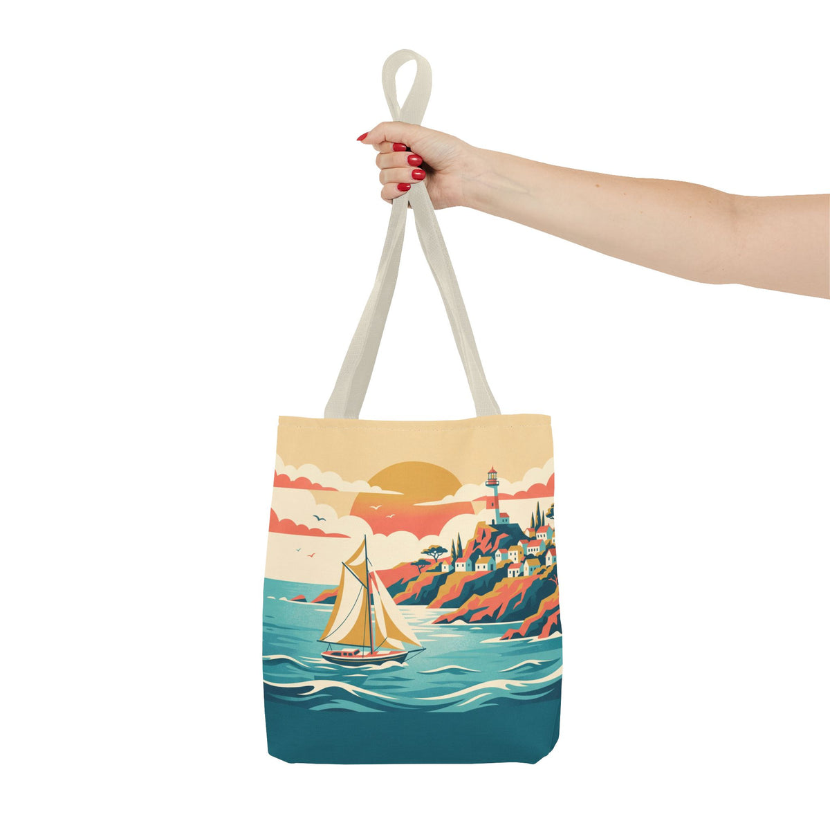 Coastal Lighthouse Sailboat Tote Bag – Retro Seaside Sunset Beach Bag
