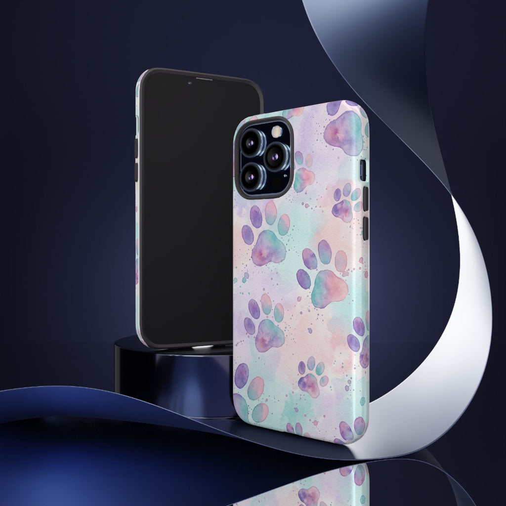 Watercolor Paw Print Phone Case | Pastel Purple, Teal & Pink Artistic Pattern | Samsung & iPhone