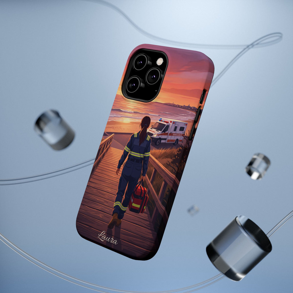 Sunset Boardwalk Personalized Paramedic Phone Case — Wireless Charging Cover