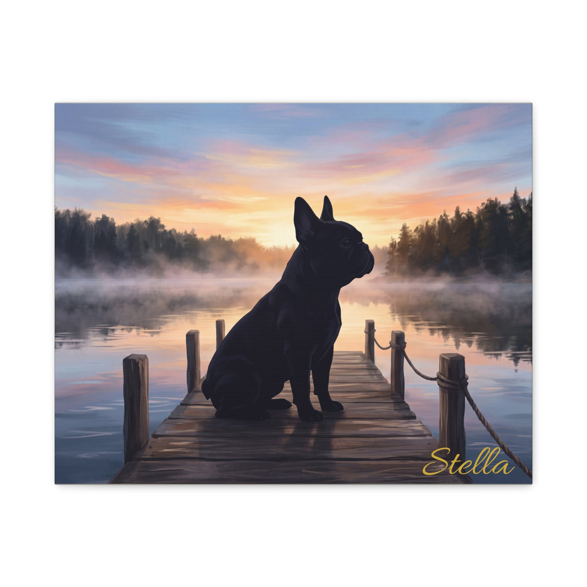 French Bulldog Silhouette Personalized Canvas | Misty Lake Sunrise Dock Wall Art