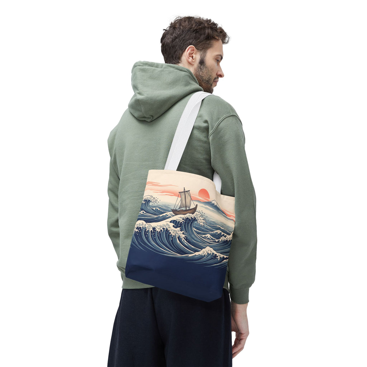 Japanese Wave Sailboat Tote Bag – Woodblock Style Ocean Beach Bag