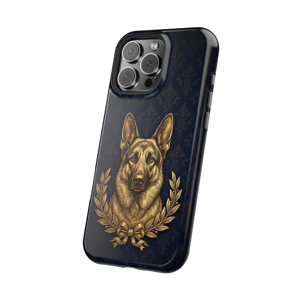 German Shepherd Phone Case | Navy Gold Laurel Art — Tough Magnetic Case with Wireless Charging