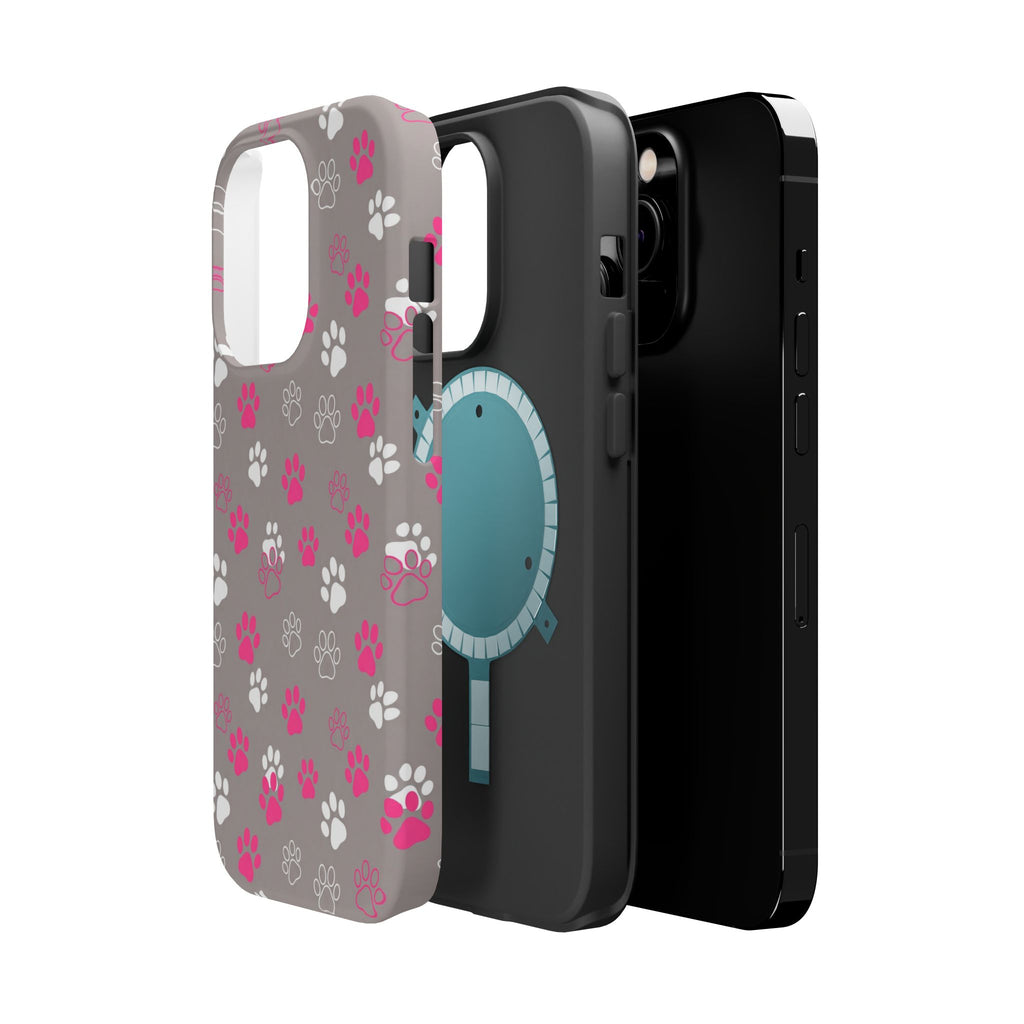 Pink & White Paw Print Phone Case — Impact-Resistant Wireless Charging Cover