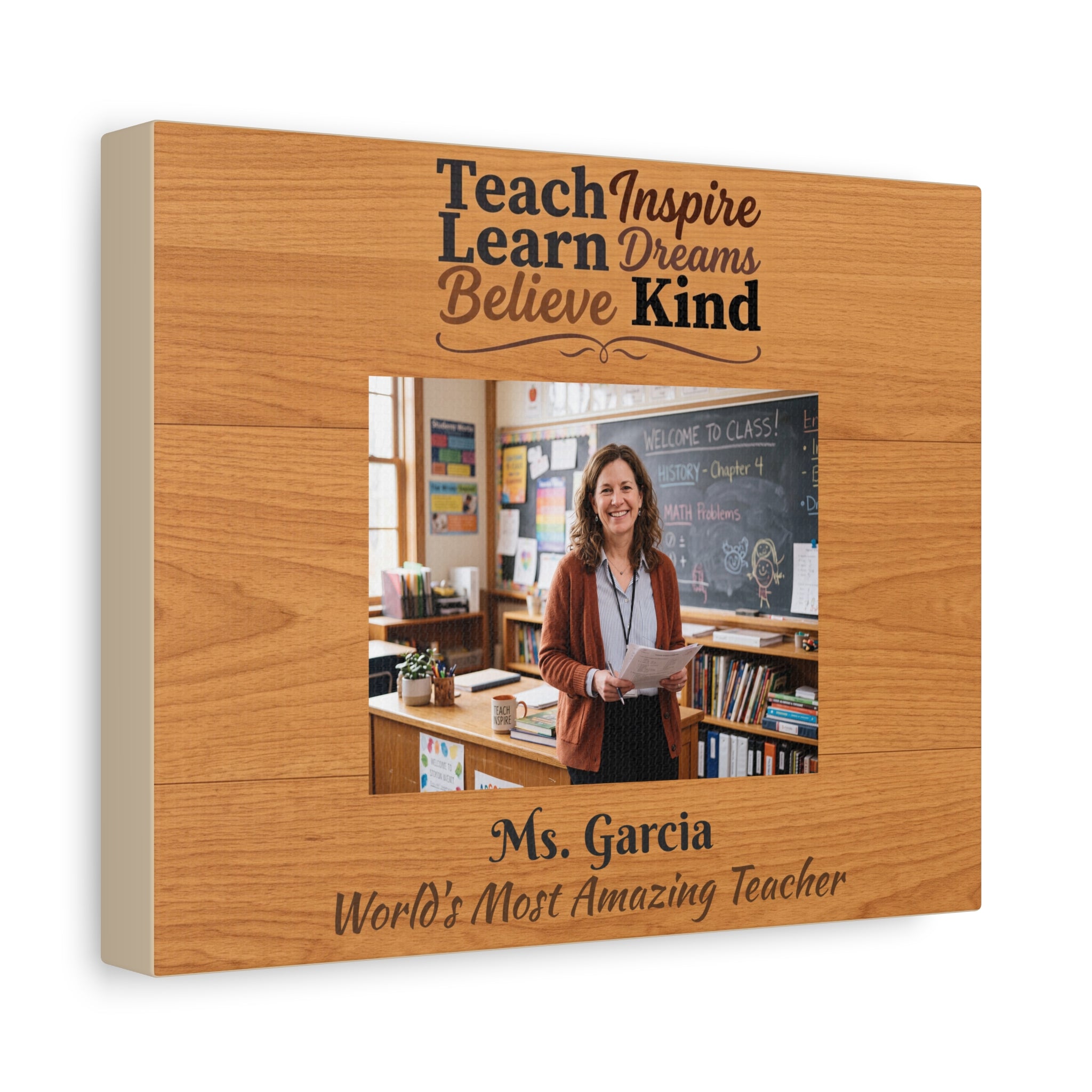 Personalized Teacher Canvas Print — Custom Photo, Name & Message Wood Grain Wall Art