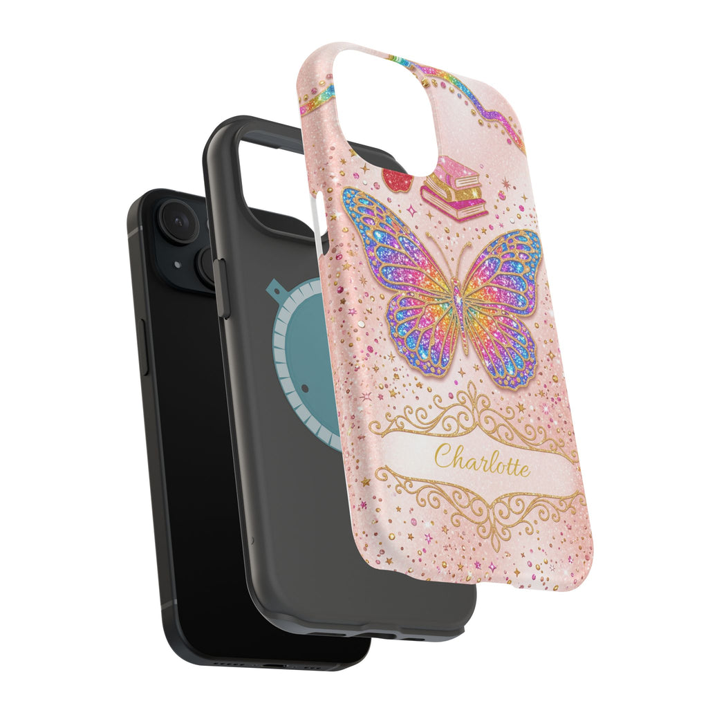 Blush Glitter Butterfly Personalized Teacher Phone Case — Wireless Charging Cover