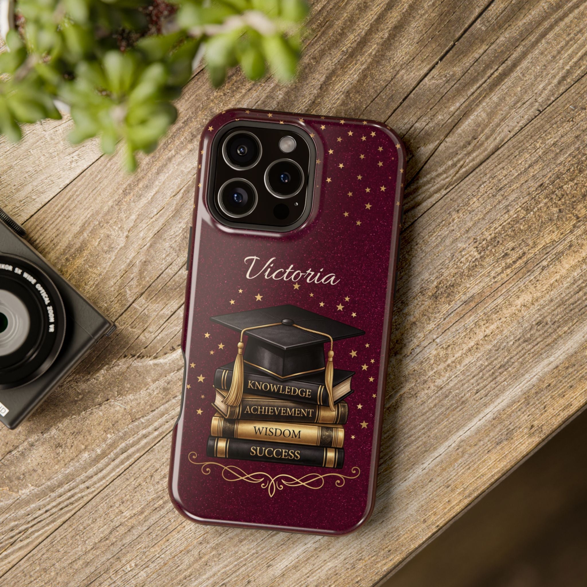 Graduation Cap & Books Personalized Teacher Phone Case — Wireless Charging Cover
