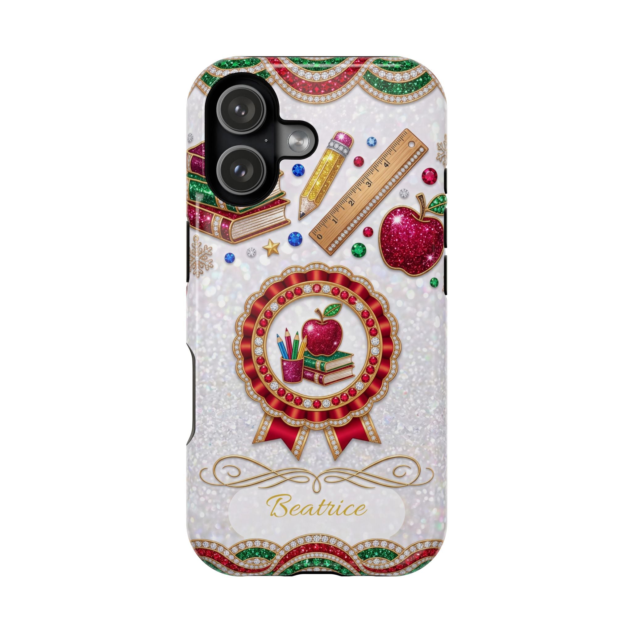 Jeweled Apple Medallion Personalized Teacher Phone Case — Wireless Charging Cover