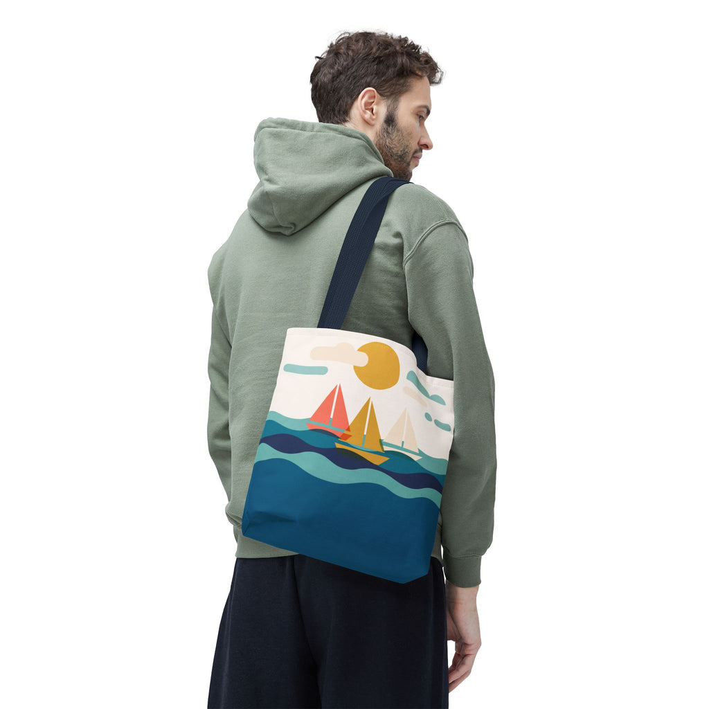 Minimalist Sailboat Tote Bag – Mid-Century Modern Ocean Waves Beach Bag
